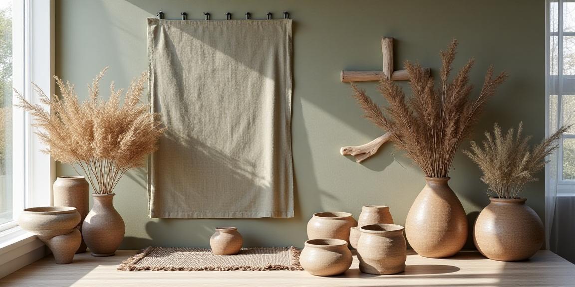 A curated display of hand-woven textiles and ceramic pottery